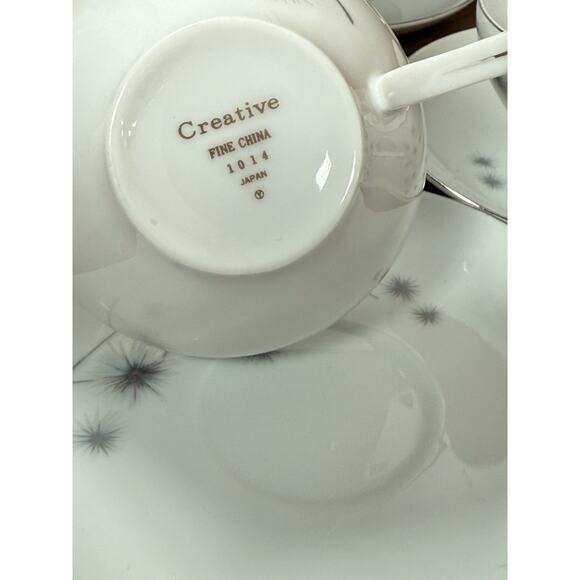 Set Of Four Vintage Creative Fine China Platinum Star Burst Coffee / Tea - Picture 3 of 5